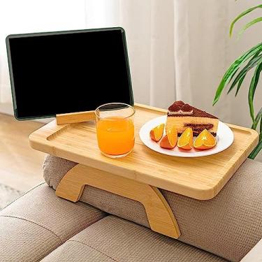 Imagem de Bandeja de braço de sofá de bambu com clipe de mesa lateral de sofá e bandeja de braço de sofá, bandeja dobrável para sofá com suporte de telefone giratório de 360°, mesa de apoio de braço para comer/bebidas/lanches no sofá