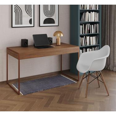 Imagem de Escrivaninha Home Office Estilo Industrial Malta Amêndoa 137x53cm Base Cobre com 1 Poltrona Branca E