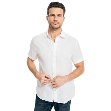 Imagem de Nautica Camisa masculina de manga curta de linho trabalhada de forma sustentável, Branco, GG