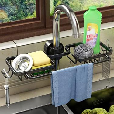 Imagem de QENWKXZ Rack de torneira, suporte de esponja, suporte de esponja de metal, suporte de torneira estável, escorredor de secagem, suporte de esponja sobre torneira, torneira removível, ralo para torneira