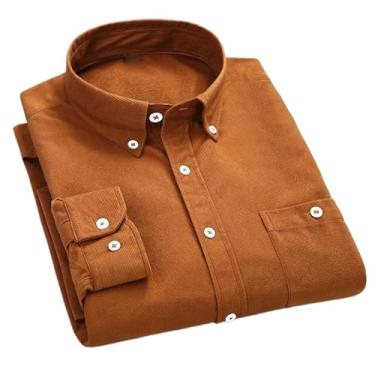 Imagem de WOLONG Camisa masculina de veludo cotelê algodão primavera outono slim fit branco azul preto inteligente camisa casual masculina lisa manga longa, Caqui, PP