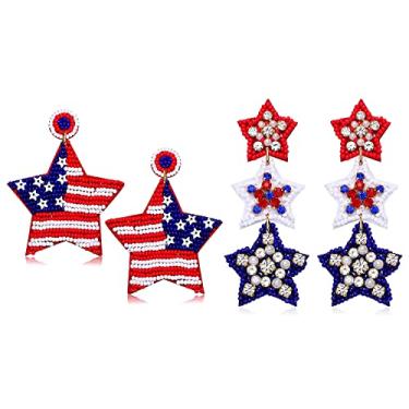 Imagem de 2 pares de brincos patrióticos de 4 de julho para mulheres com contas com letra EUA brincos pendentes dia da independência joia presente, Miçangas, Strass