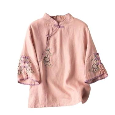Imagem de Camisa Chinesa Tang Suit Blusa de Algodão Linho Bordado Estilo Nacional Camiseta Feminina Vintage Tradicional Hanfu, rosa, P