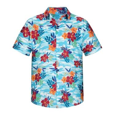 Imagem de Yoimira Camisetas havaianas para meninos, camisa havaiana com botões, camisa Aloha para meninos de verão e praia para crianças de 7 a 14 anos, Flor azul-claro, 10