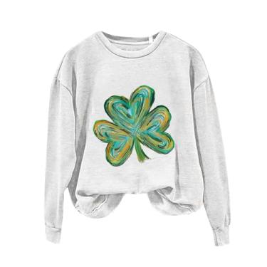 Imagem de Camiseta feminina St Patricks Day manga longa verde trevo Lucky camisetas modernas gola redonda básica, Branco, M