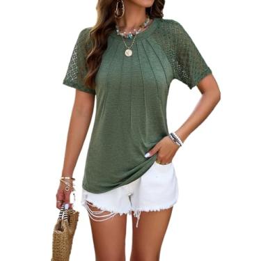 Imagem de Camiseta feminina de renda com patchwork, casual, manga curta, gola redonda, plissada, blusas de verão, Verde, P
