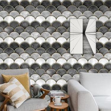 Imagem de Papel de parede de escamas de peixe 3D de 45 x 599 cm, papel de parede cinza de escamas de sereia, autoadesivo, aquarela, ondas, escalas, papel de contato, vieira, murais de papel de parede para