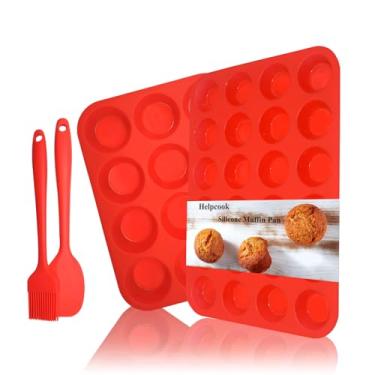 Imagem de Conjunto de forma de muffin de silicone, antiaderente regular 12 xícaras e mini 24 xícaras, moldes de silicone para assar, lata de muffin sem BPA com 1 espátula de silicone e 1 pincel de óleo