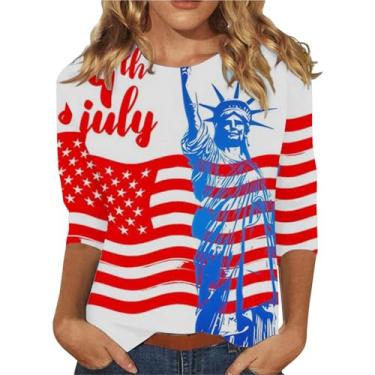 Imagem de Camisetas femininas 4th of July 4th of July Shirts Star Stripes 3/4 Sleeve Patriotic Tops Going Out Tops 2024, Azul-marinho - A, G