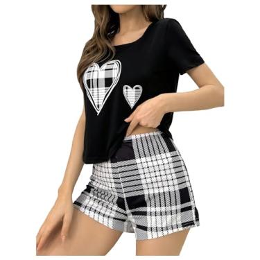 Imagem de Milumia Conjunto feminino de 2 peças de pijama xadrez com estampa de coração e camiseta de manga curta, Preto, GG
