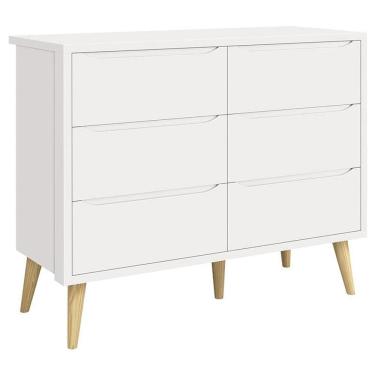 Imagem de Cômoda Infantil 6 Gavetas Retrô Theo Branco Acetinado com Pés Natural – Reller
