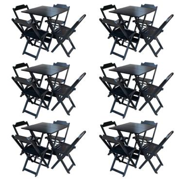 Imagem de Kit 6 Jogos de Mesa com 4 Cadeiras de Madeira Dobravel 60x60 Ideal para Bar e Restaurante - Preto