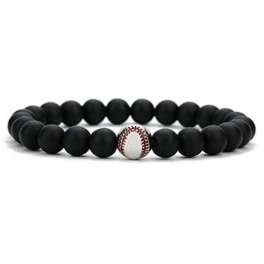 Imagem de Pulseira de beisebol banhada a prata moderna contas de beisebol esportivas para Pandora preto e cinza, joia All In Faith para homens e mulheres, Medium, Rudraksha