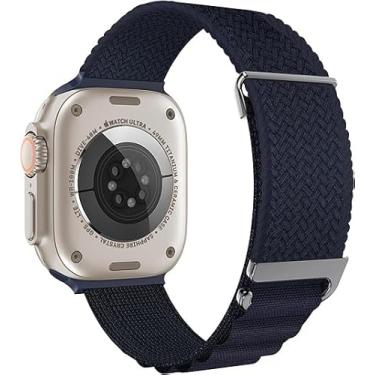 Imagem de Pulseira de nylon compatível com Apple Watch Ultra 3/2/1 de 49 mm, iWatch séries 11, 10, 9, 8, 7, 6, 5, 4, 3, 2, 1, 42, 44, 45/46 mm, SE 3/2/1 42/44/45/46 mm, elástica e ajustável, azul escuro