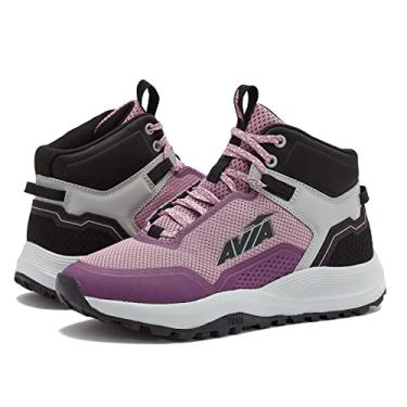 Imagem de Avia Grit Sport Botas femininas de caminhada, cano médio até o tornozelo para todos os climas, Preto/roxo escuro/cinza prateado, 8.5
