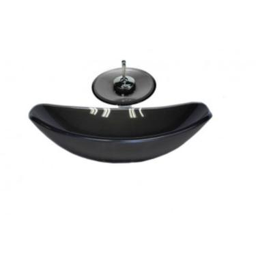 Imagem de Cuba de Vidro Oval Chanfrada 46cm com Válvula Torneira Cascata Grafite