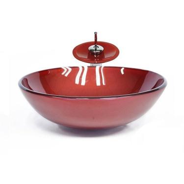 Imagem de Cuba de Vidro Redonda 42cm + Valvula + Torneira Cascata Vermelho Cereja