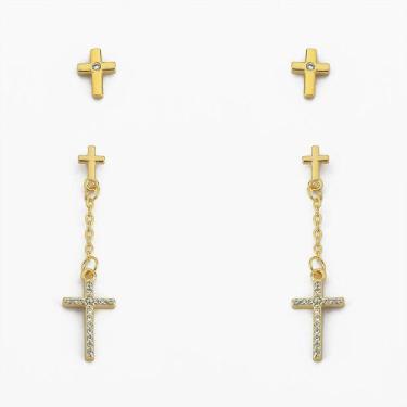 Imagem de Dupla Brinco Cruz Cravejado Com Zircônia Banhado A Ouro 18K - Atraktiv