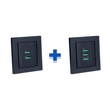 Imagem de Kit Espelho Duplo Reto com 2 USB 4.9A e 3 USB 5.2A Preto - CONNECT CAI