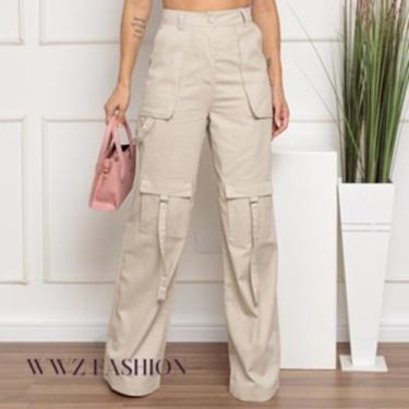 Imagem de WWZ Fashion  Calça Cargo Wide Leg Feminina Sarja Modelo Flare Pantalon