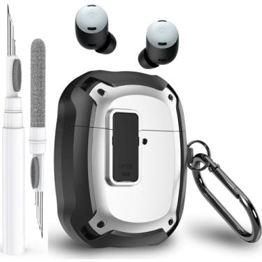 Imagem de Olytop Capa para Google Pixel Buds Pro 2/Pro com clipe de trava e caneta de limpeza 2024/2022, capa rígida protetora à prova de choque com mosquetão masculino e feminino - preto/branco
