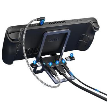 Imagem de Estação de acoplamento ultrafina para Steam Deck/Switch/ROG Ally X/Legion Go, suporte de carregamento de alumínio dobrável 5 em 1 com HDMI 2.0, USB3.2 Gen1* 2, host Tipo C, 100W PD