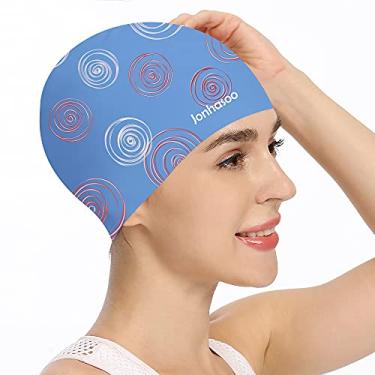 Imagem de Jonhasoo Touca de natação de silicone para mulheres, touca de natação impermeável de cabelo longo com listras coloridas impressas (azul-círculo)