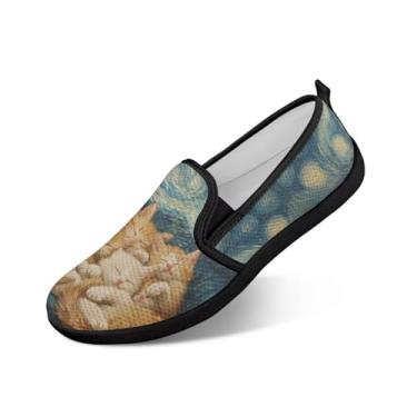Imagem de GOSTONG Wdie Sapatos rasos femininos de malha respirável sapatos casuais conforto antiderrapante para viagem caminhada tênis ao ar livre EUA 6-11, Pintura a óleo gatos dormindo, 37