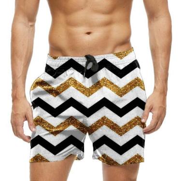 Imagem de Short Praia Shorts Banho Bermuda Verão Listras Zig Zag Preto Dourado 5