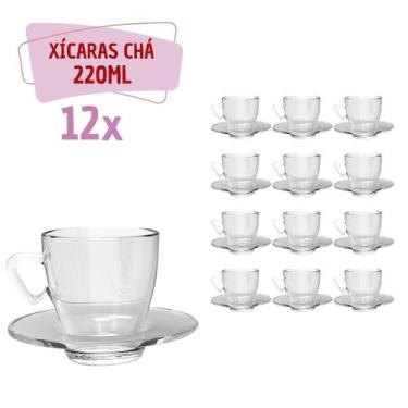 Imagem de Kit 12 Xícaras Chá Vidro 220mL C/ Pires Moderna Transparente - TODO DI