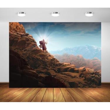 Imagem de BELECO 2,1 x 1,5 m Tecido Moisés Pano de fundo Moisés Segurando Dez Mandamentos Tablets no Monte Sinai Fundo Cena Bíblica Judaísmo, Igreja Católica Cristã Decoração Religiosa Foto Adereços