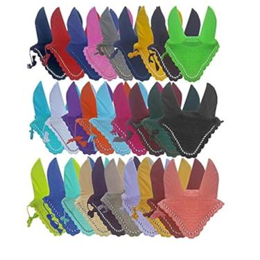 Imagem de Touca de orelha de cavalo véu de crochê para equitação com tubulação 30 cores completa/espiga/pônei (médio/espiga, rosa quente/fushia)