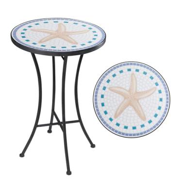 Imagem de Vipush Mesa lateral de mosaico para ambientes externos, suporte dobrável redondo de 35,5 cm para pátio, jardim, quintal, varanda, varanda, mesa interna para sala de estar, mesa de cerâmica com ferro