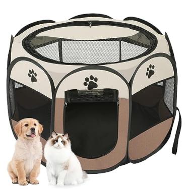 Imagem de Woucnd Cercado para cães, cercadinho dobrável para filhotes, barraca pop-up para animais de estimação, capa de malha com 8 painéis, design adorável 600D macio Oxford para coelhinho para cães e gatos em ambientes internos e externos. (P 71,12 cm 71,12 cm 45,72 cm, marrom)