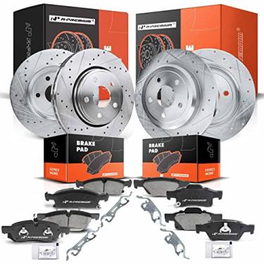 Imagem de A-Premium Rotores de Freio A Disco Perfurados e Ranhurados Dianteiros e Traseiros + Kit de Pastilhas de Cerâmica Compatível com Modelos Dodge e Jeep Selecionados - Durango 2011-2020 3.6L, Grand Cherok