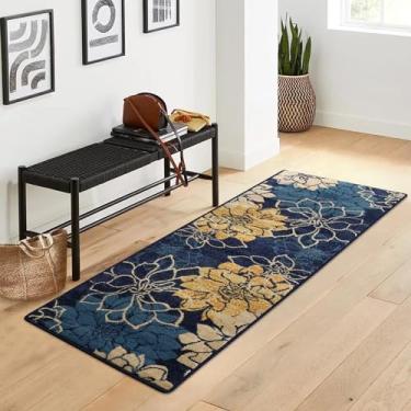 Imagem de GlowSol Tapete de corredor 2x6 tapete floral moderno antiderrapante antiderrapante tapete interno boêmio casa de fazenda tapete interno tapete de juta para cozinha, quarto, azul-marinho