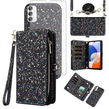 Imagem de Asuwish Capa de celular para Samsung Galaxy A14/M14 5G com zíper carteira magnética destacável com protetor de tela de vidro temperado e compartimento para cartão com glitter, suporte celular A 14 4G
