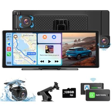 Imagem de Tela portátil sem fio para carro: tela sensível ao toque HD IPS de 10,4 polegadas, câmera de painel 4K/câmera de backup 1080P, Bluetooth, navegação GPS, estéreo de carro, link espelhado, AirPlay,