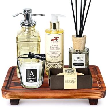 Imagem de Bandeja de balcão de banheiro de fazenda, suportes de exibição de madeira, bandejas de bancada de cozinha, suporte decorativo de madeira para dispensador de sabonete, acessórios de pia de banheiro,