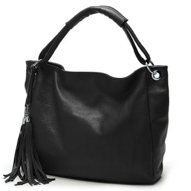 Imagem de Bolsa feminina 100% macia de couro legítimo com borla, bolsa folgada, Hobo, transversal, Preto