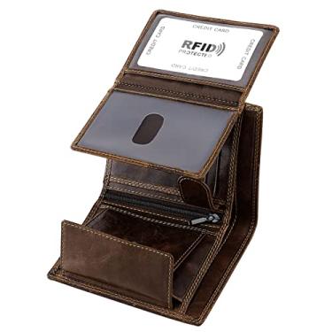Imagem de Carteira masculina de couro bovino com bloqueio RFID da HAWEE com três compartimentos para cartões, 10 compartimentos para cartão e 2 janelas de identificação com bolso para moedas, Coffee, 5.1*4.1*0.6 inch