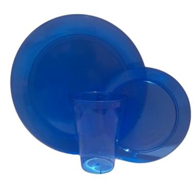 Imagem de Kit 10 Pratos P/Sobremesa 10 Pratos P/Refeição 10 Copos Festa Descartáveis Resistentes (AZUL NEON, COPOS 300 ML)