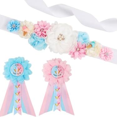Imagem de JOYMEMO Kit de faixa de maternidade revelador de gênero de sorvete – rosa e azul, qual é o cinto de barriga para chá de bebê e alfinetes de corsage para mamãe e papai para ser, acessórios para fotos