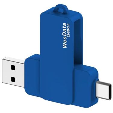 Imagem de WesData Pen drive USB C 3.0 de 32 GB com porta tipo C e tipo A, armazenamento e backup de pen drives USB C para smartphones com função OTG e porta tipo C, laptops, MacBook, PC (azul)
