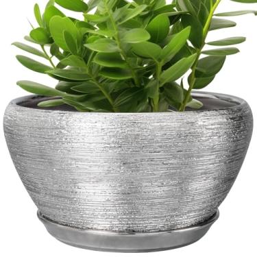 Imagem de Ceramicfor Vaso de flores para plantas de interior - Vaso de cerâmica de 28 cm com orifício de drenagem e pires, vaso decorativo grande para ambientes externos de meados do século para decoração de