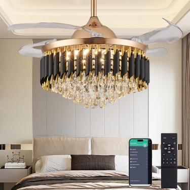 Imagem de Trssdre Ventilador De Teto De Cristal Led Fandelier Dourado Regulável De 36" Com Luzes E Controle Remoto Kit De Ventilador De Teto Com Lâmina Retrátil Moderna Para Quarto, Sala De Jantar, Sala De Es