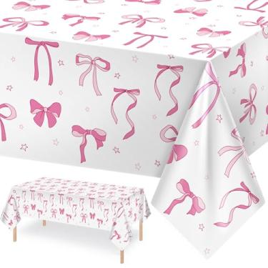 Imagem de 2 peças de toalha de mesa com laço rosa, decoração de festa com laços, toalha de mesa retangular, descartável, para mulheres, meninas, chá de bebê, despedida de solteira, aniversário, decoração de