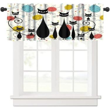 Imagem de KANEPE Cortina de saia de meados do século para cozinha café, árvore de Natal retrô dos anos 60, atômica, gatos pretos, tratamento de janela, sanefas, cortinas curtas, bolso de varão, drapeado para