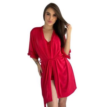 Imagem de Robe Com Renda Caimento Kimono Hobby Amarração - Charme Dela's, Vermel