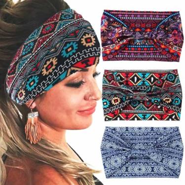 Imagem de Gortin Pacote com 3 faixas boho largas estilo africano turbante cabeça bandanas leopardo elástico com nó, faixa de cabelo Yaga elástica para uso ao ar livre, acessório de cabelo moderno para mulheres negras e meninas (conjunto com 3)